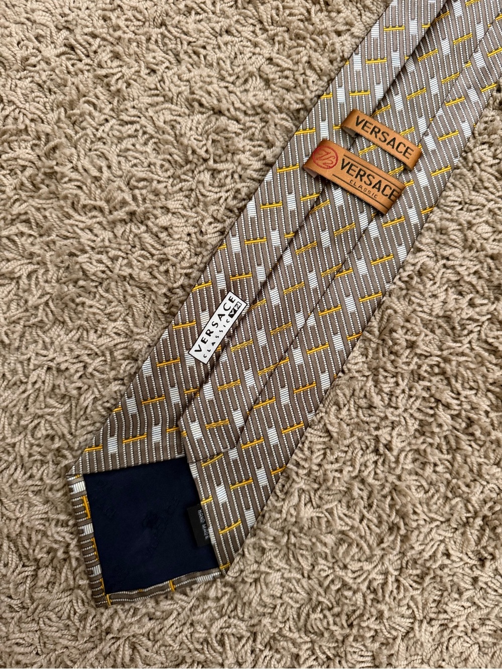 Versace Classic V2 Mens Silk Tie Taupe Gold Geometric Luxury Design 4x57